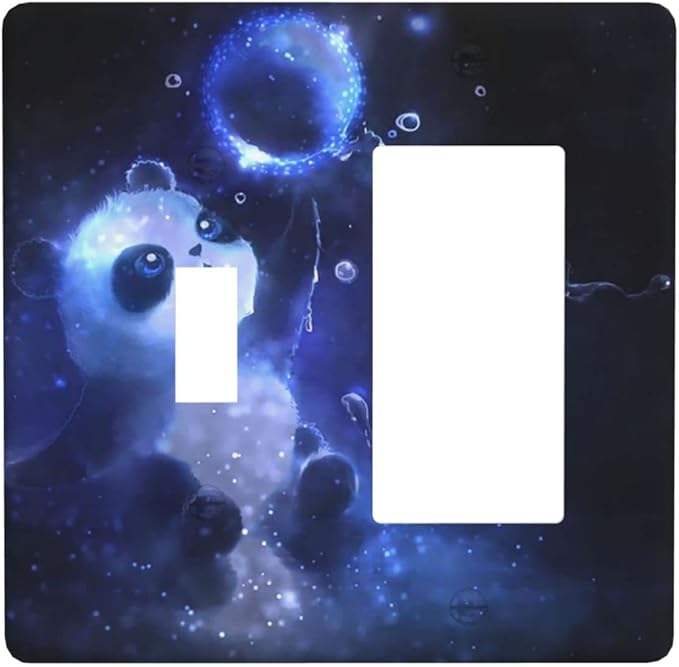 Cute Baby Panda Light Switch Cover Wall Plate Decorative 2 Gang Combination 1 Toggle 1 Rocker Outlet Covers Blue for Farmhouses Kitchens Bedrooms 4.5 x 4.5 in