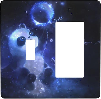 Cute Baby Panda Light Switch Cover Wall Plate Decorative 2 Gang Combination 1 Toggle 1 Rocker Outlet Covers Blue for Farmhouses Kitchens Bedrooms 4.5 x 4.5 in