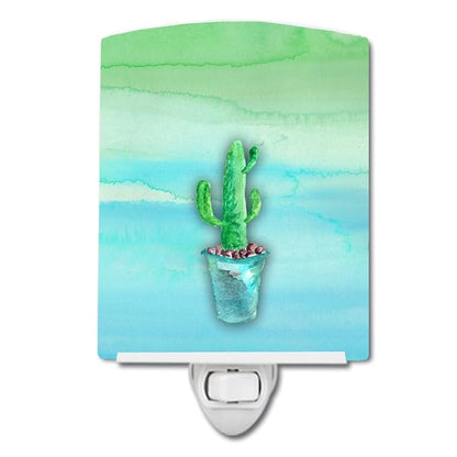 Caroline's Treasures BB7362CNL Cactus Teal and Green Watercolor Ceramic Night Light Compact, UL-Certified, Ideal for Bedroom, Bathroom, Nursery, Hallway, Kitchen, 6x4x3, Multicolor