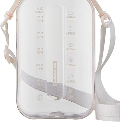 750ML Square Transparent Water Bottle, Cute Sports Water Jug with Adjustable Strap, Portable Motivational Water Bolttles for Travel, Hiking and Outdoor Workouts