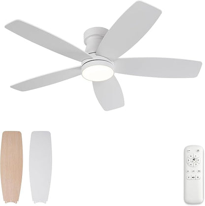 42 inch Ceiling Fans with Lights and Remote,Flush Mount White Ceiling Fan,Memory Fuction Reversible Quiet DC Motor Low Profile Ceiling Fans For Living Room Bedroom Outdoor(White&Natural Wood)