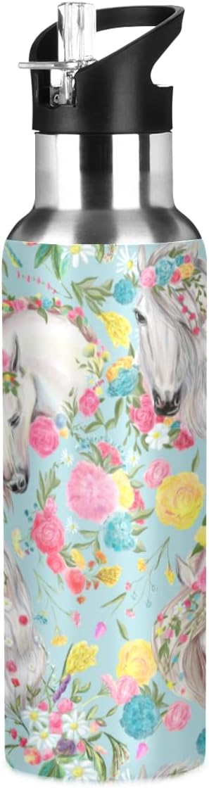 MNSRUU Insulated Water Bottle with Straw, Rainbow and Unicorns Stainless Steel Flasks for Sports Cycling Hiking School