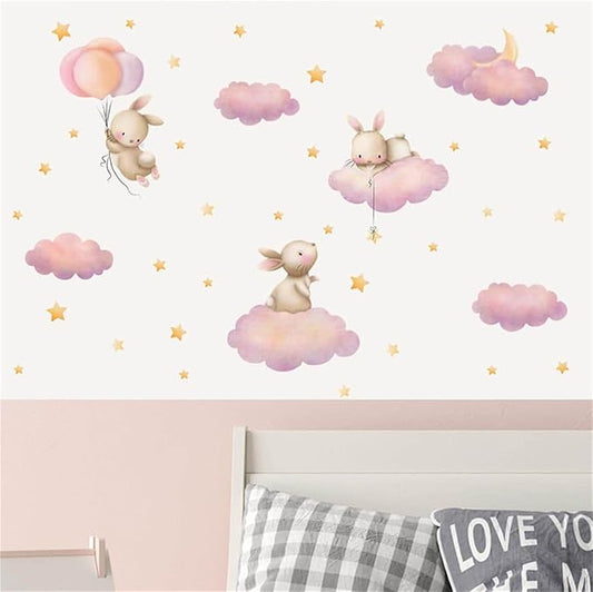 Rabbit Cloud Star Wall Stickers for Bedroom Girls Room Bunny Moon and Stars Nursery Decor Wall Decal