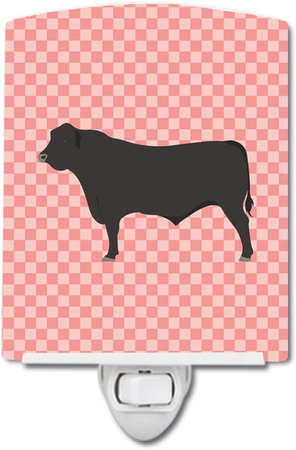 Caroline's Treasures BB7828CNL Black Angus Cow Pink Check Ceramic Night Light Compact, UL-Certified, Ideal for Bedroom, Bathroom, Nursery, Hallway, Kitchen, 6x4x3, Multicolor