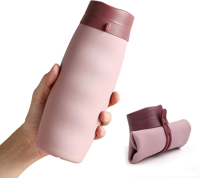 Premium Collapsible Silicone Water Bottle - 600ML, BPA-Free, Medical Grade, Leak Proof, Foldable ,Roll-Up Portable Sports & Outdoor Water Jug - 20oz Travel-Friendly, Reusable Drinking Bottle (Pink)