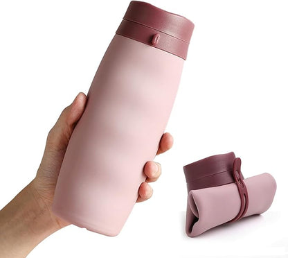 Premium Collapsible Silicone Water Bottle - 600ML, BPA-Free, Medical Grade, Leak Proof, Foldable ,Roll-Up Portable Sports & Outdoor Water Jug - 20oz Travel-Friendly, Reusable Drinking Bottle (Pink)