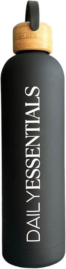 Daily Essentials Matte Black Stainless Steel Water Bottle With Bamboo Lid, 34 oz