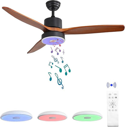 52 Inch Wood Ceiling Fan with RGB Dimming LED Light,with Music Bluetooth Speaker,Remote Control,3-Speed Regulation, Reversible Motor,Timing,for Living Room,Bedroom,Restaurant,Outdoor