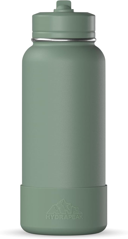 Hydrapeak 32oz Sport Insulated Water Bottle with Straw or Chug Lid, Leak & Spill Proof, Keeps Drinks Cold for 24 Hours, Hot for 12 Hours, Premium Stainless Steel Water Bottles (32oz, Sage Leaf)