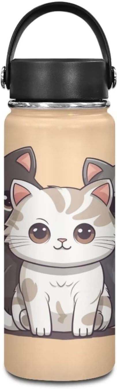 Cat Insulated Water Bottle with Handle Stainless Steel Water Bottle 18 Oz Travel Cup Reusable for Travel Camping Hiking Bike Sports Gym & Office