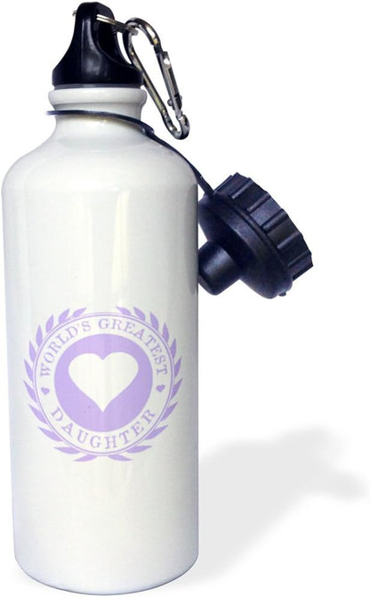 3dRose Worlds Greatest Daughter Award Lilac Purple Fun Family Love Gifts Sports Water Bottle, 21 oz, White