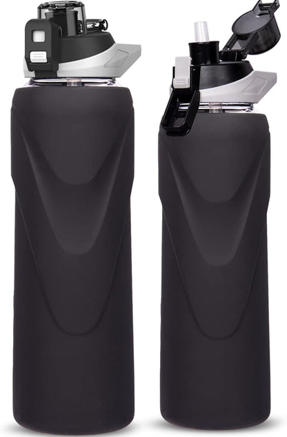 32 oz Sports Glass Water Bottle with Straw & Silicone Sleeve Reusable BPA-free Borosilicate Glass Drinking Bottle with Flip Top Lid & Handle Wide Mouth (Deep Black)