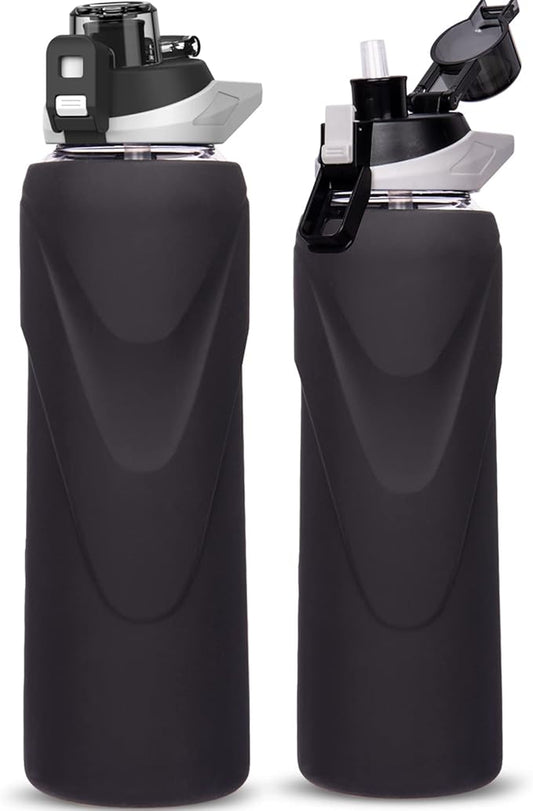 32 oz Sports Glass Water Bottle with Straw & Silicone Sleeve Reusable BPA-free Borosilicate Glass Drinking Bottle with Flip Top Lid & Handle Wide Mouth (Deep Black)