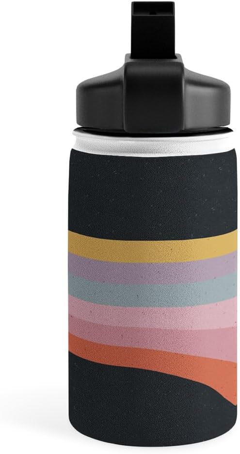 Deny Designs Water Bottle, Straw Lid 12 oz, Emanuela Carratoni Retro Rainbow on Black