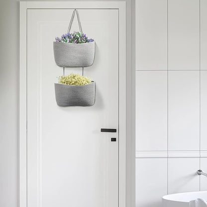 TeoKJ 2 Tier Over the Door Organizer, Wall-Mounted Storage Hanging Basket, Decorative Cotton Rope Hanging Baskets, Gray