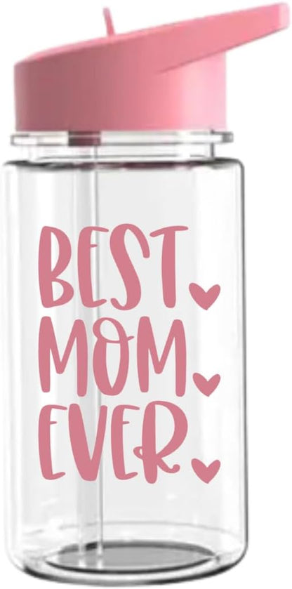 Best Mom Ever 12 oz Water Bottle with Straw - Clear BPA-Free Plastic - Ideal Mother's Day and Birthday Gift - Pink Lid