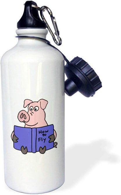 3dRose Funny Pig Reading How to Fly Book Sports Water Bottle, 21 oz, Multicolored
