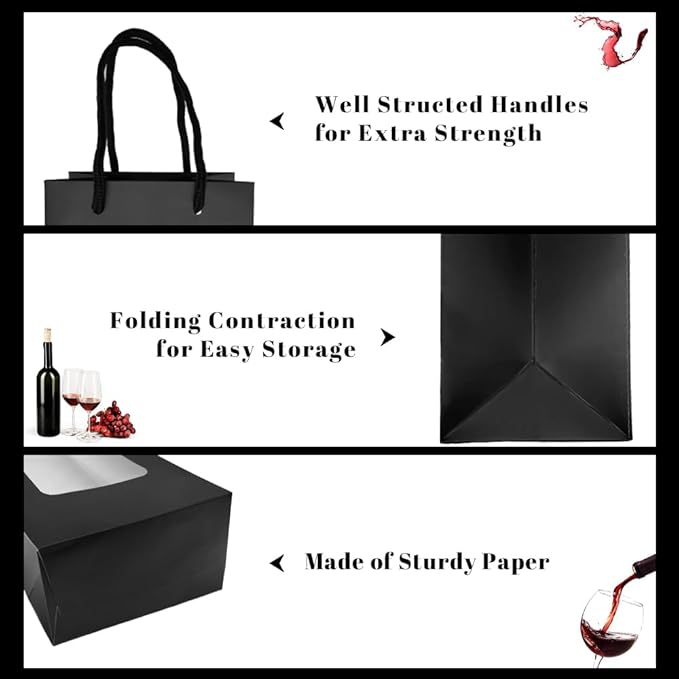 ALMOXVYE 34 Pack Wine Gift Bags with Handles, 14.2 x 4.9 x 3.4 Inch Paper Wine Bottle Bags with Clear Window, Black Wine Bags Bulk for Christmas Wedding Birthday Anniversary