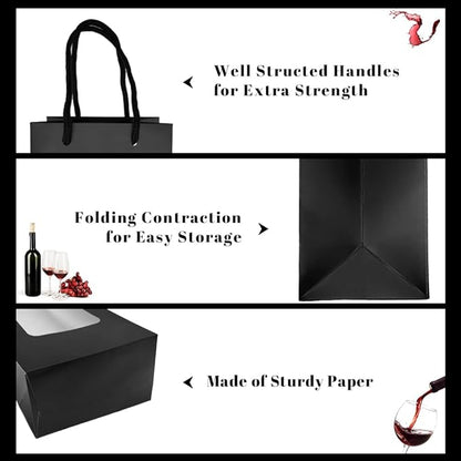 ALMOXVYE 34 Pack Wine Gift Bags with Handles, 14.2 x 4.9 x 3.4 Inch Paper Wine Bottle Bags with Clear Window, Black Wine Bags Bulk for Christmas Wedding Birthday Anniversary