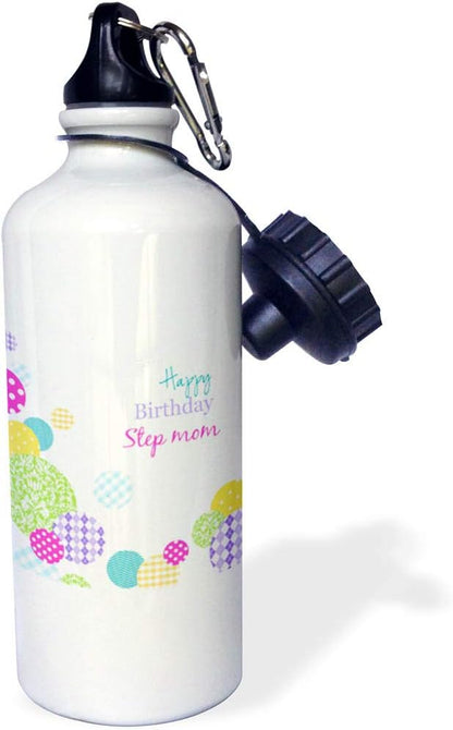 3dRose Happy Birthday Step Mom Mother Modern Colorful Dots Pattern On White Sports Water Bottle, 21Oz, Multicolored