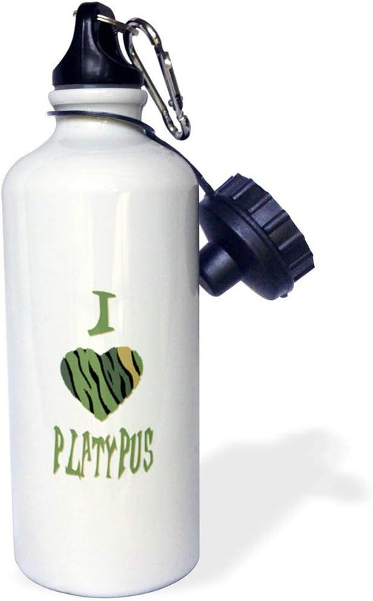 3dRose "Camo Colored Striped I Love Platypus" Sports Water Bottle, 21 oz, White