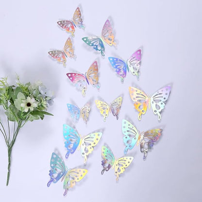 3D Butterfly Wall Decor 48 Pcs 4 Styles 4 Colors 3 Sizes,Gold Silver Laser Rose Butterfly Decorations for Butterfly Birthday Decorations Butterfly Party Decorations Cake Decorations,Removable Sticker
