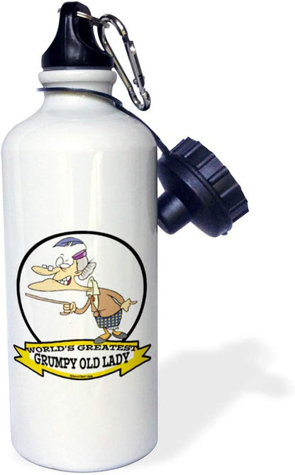 3dRose "Funny Worlds Greatest Grumpy Old Lady Cartoon" Sports Water Bottle, 21 oz, White