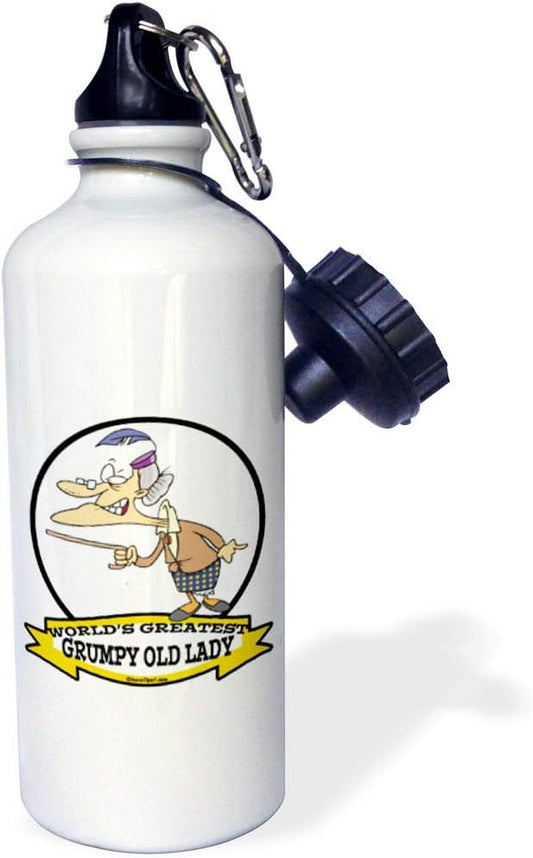3dRose "Funny Worlds Greatest Grumpy Old Lady Cartoon" Sports Water Bottle, 21 oz, White