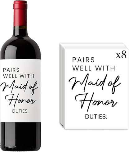 8 Pcs Maid of Honor Wine Labels, Bridesmaid Proposal Gifts, Wedding Engagement Gift for Maid of Honor Bridesmaid Wine Label, Pairs Well with Maid of Honor Duties Wine Bottle Stickers Labels