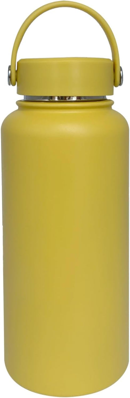 32oz Insulated Water Bottle ，Stainless Steel Sports Water Cup Flask with 2 Lids, Wide Mouth Travel Thermal Mug,Outdoor Sports Bottle（Mango yellow）
