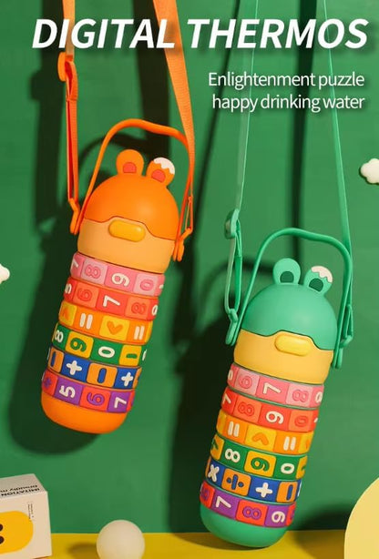 Numbers and Maths Symbols Design Kids' Water Bottle with Straw for School or Travel; 15oz (430ml) Stainless Steel water Bottle; Portable Handle with Detachable Buckle (Blue), CZMX-30031