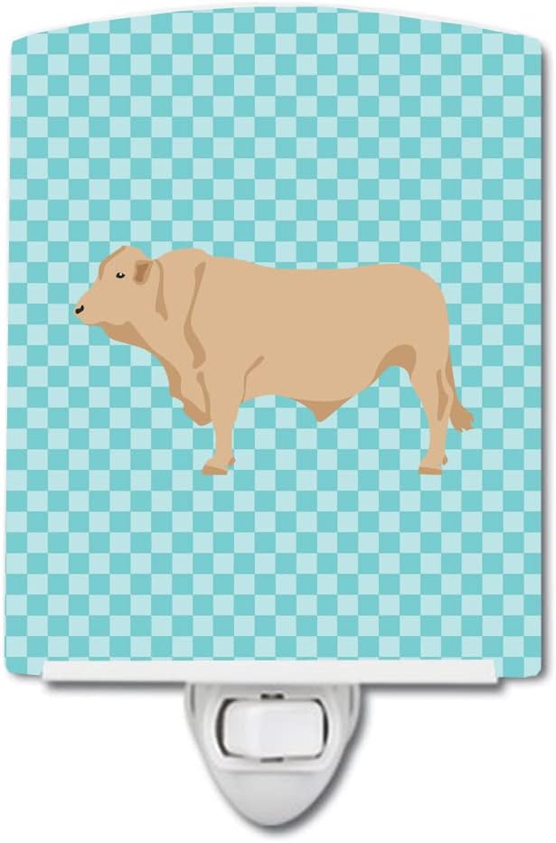 Caroline's Treasures BB8000CNL Charolais Cow Blue Check Ceramic Night Light Compact, UL-Certified, Ideal for Bedroom, Bathroom, Nursery, Hallway, Kitchen, 6x4x3, Multicolor