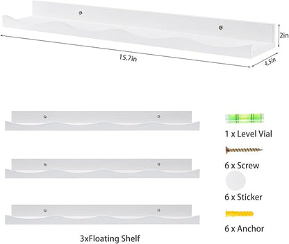 AZSKY Floating Bookshelf for Kids, Picture Ledge Shelf for Wall Decor and Storage 16 Inches Nursery Book Shelves Set 3, Baby Book Shelf for Kids Room Decor(White)
