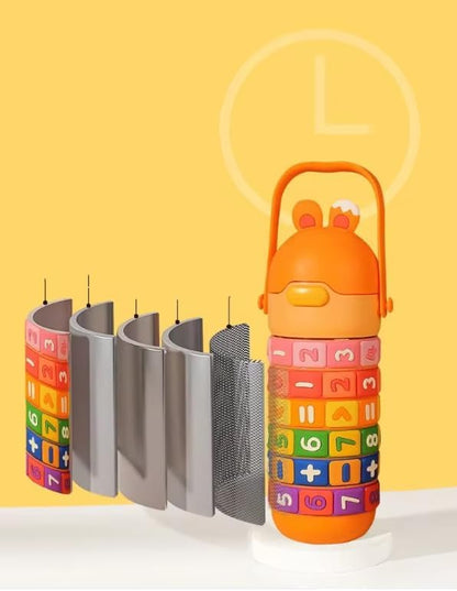 Numbers and Maths Symbols Design Kids' Water Bottle with Straw for School or Travel; 15oz (430ml) Stainless Steel water Bottle; Portable Handle with Detachable Buckle (Blue), CZMX-30031