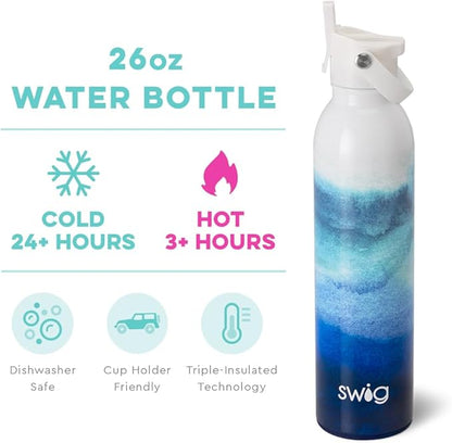 Swig Life 26oz Insulated Water Bottle, Travel Water Bottle with Straw and Lid, Cup Holder Friendly Water Bottles, Stainless Steel Water Bottle, 26 oz Tumbler, Reusable Water Bottle with Lid (Sapphire)