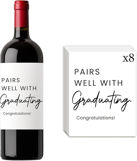 8 Pcs Graduation Wine Labels, College Graduation Grad Gifts for Him Her Women, Graduation Party Decorations Wine Bottle Stickers Labels, Pairs Well with Graduating Wine Labels