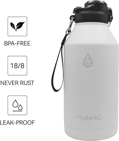 64 oz Insulated Water Bottle With Straw Pop-up & Auto Spout Lid, Flex Handel, Waterbottle Strap Carrier, Half Gallon Stainless Steel Water Water Hydro Jug Thermo Flask (Brilliant White)