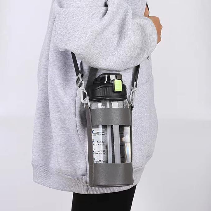 48oz Borosilicate Glass Water Bottle with Straw and Time Marker, Large Sport Water Jug with Adjustable Strap for Men Women (White)