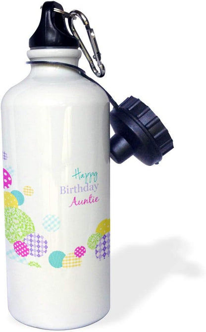 3dRose Happy Birthday Auntie-Modern Colorful Dots Pattern On White for Aunt Sports Water Bottle, 21Oz, Multicolored