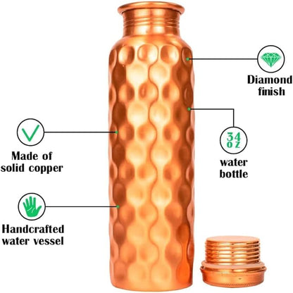 Copper Water Drinking Bottle Ayurvedic Health Benefits Diamond Pattern Water Bottle (1 Bottle)