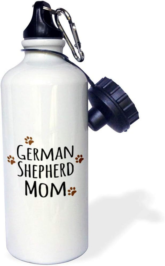 3dRose German Shepherd Dog Mom-Alsatian-Doggie By Breed-Brown Muddy Paw Prints-Doggy Lover Mama Sports Water Bottle, 21 oz, White