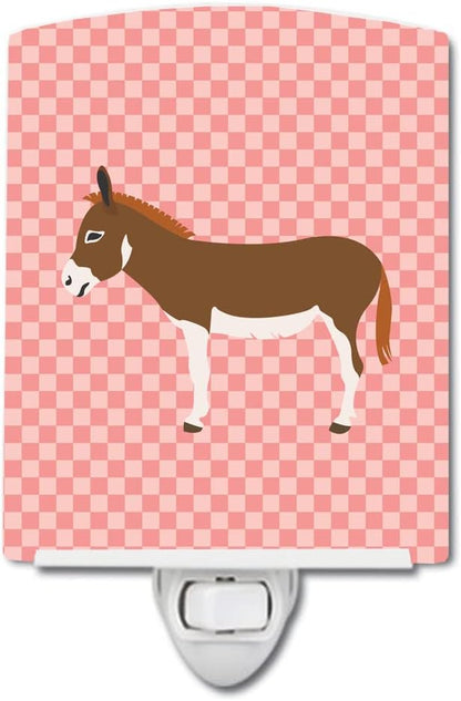 Caroline's Treasures BB7847CNL Miniature Mediterranian Donkey Pink Check Ceramic Night Light Compact, UL-Certified, Ideal for Bedroom, Bathroom, Nursery, Hallway, Kitchen, 6x4x3, Multicolor