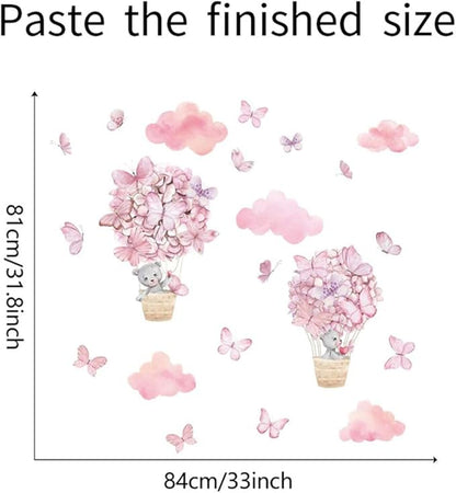 Bear Flower Butterfly Pink Clouds Wall Stickers for Girls Room Hot Air Balloon Baby Nursery Decor Wall Decal