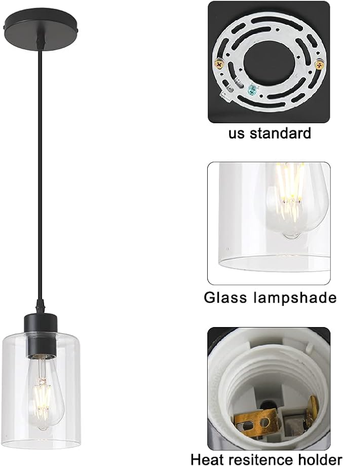 Modern Black Farmhouse Clear Glass Cylinder Pendant Light Fixture,Island Lights for Kitchen,Mini Pendant Lighting for Kitchen Island Decor - 4.75 Inch Shade 58 Inch Cord (Black 2 Pack)
