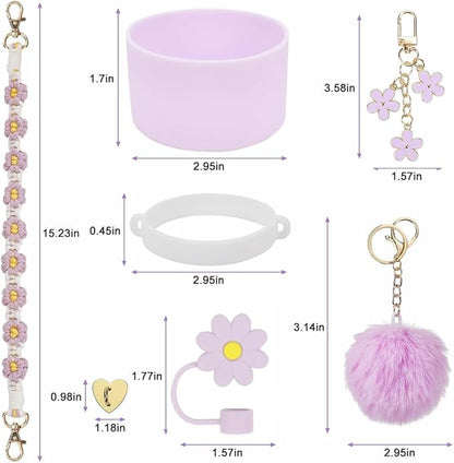 7PCS Water Bottle Cup Accessories Set for Stanley Cup 40oz & 30oz Tumbler, Including Water Bottle Handle Strap, Silicone Cup Boot, Silicone Straw Cover, Keychain Charm (Purple)