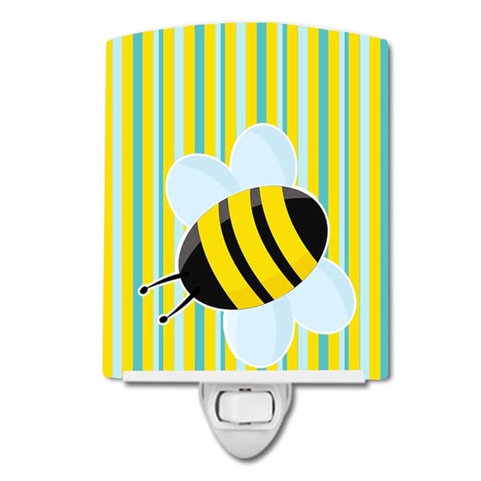 Caroline's Treasures BB8597CNL Bee on Stripes Ceramic Night Light Compact, UL-Certified, Ideal for Bedroom, Bathroom, Nursery, Hallway, Kitchen, 6x4x3, Multicolor