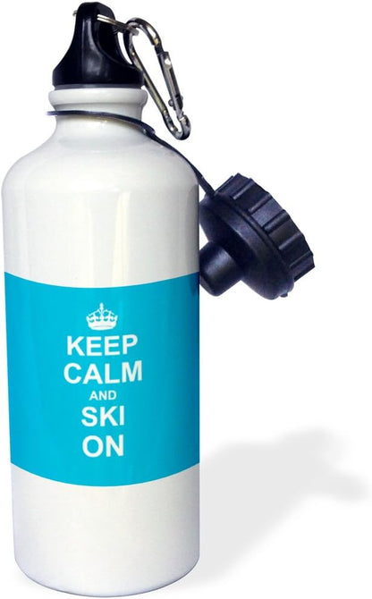 3dRose Keep Calm and Ski on-Blue Carry on Skiing-Hobby Or Professional Skiier Gifts-Fun Funny Humor Sports Water Bottle, 21 oz, White