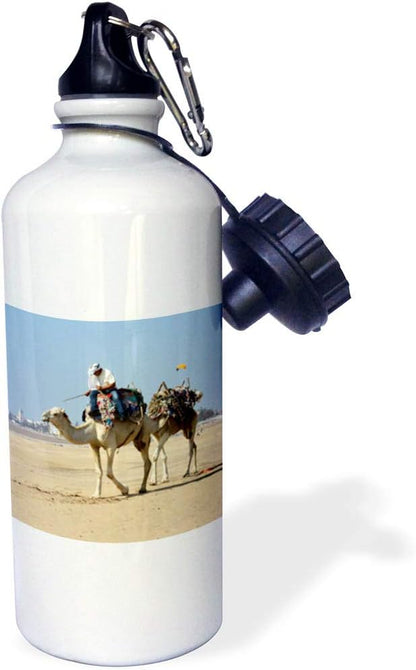 3dRose Camel and Rider on Essaouira Beach, Morocco Photo by Rhonda Albom Sports Water Bottle, 21 oz, White