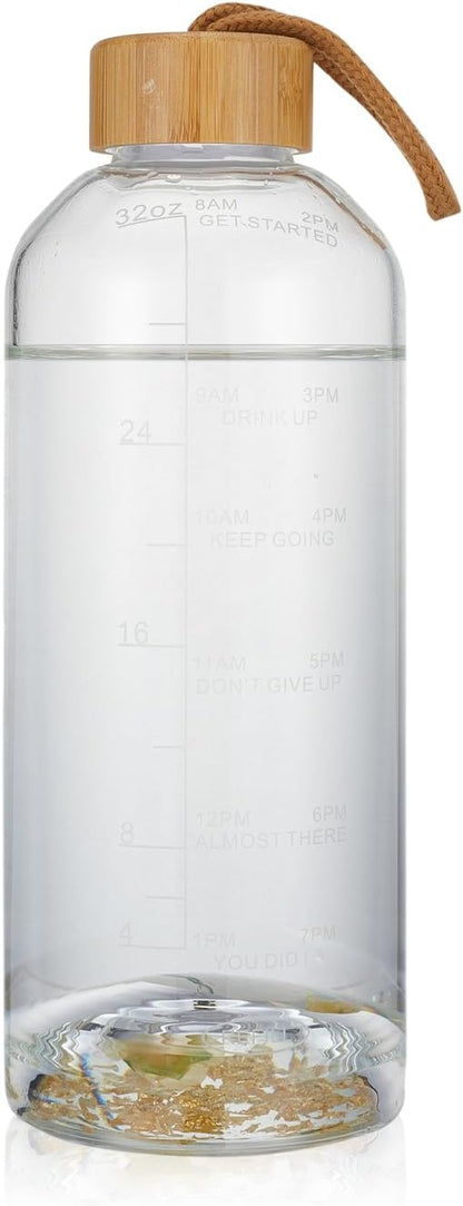 Crazy Music 32 oz Clear Glass Water Bottles,Reusable Glass Juicing Bottles with Bamboo Leak Proof Lids -Sports Water Bottle with Time Marker for Gym, Sports, Outdoors(Green RosesTheme)