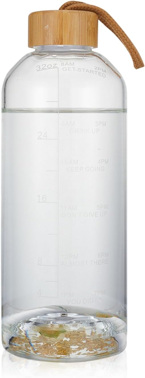 Crazy Music 32 oz Clear Glass Water Bottles,Reusable Glass Juicing Bottles with Bamboo Leak Proof Lids -Sports Water Bottle with Time Marker for Gym, Sports, Outdoors(Green RosesTheme)